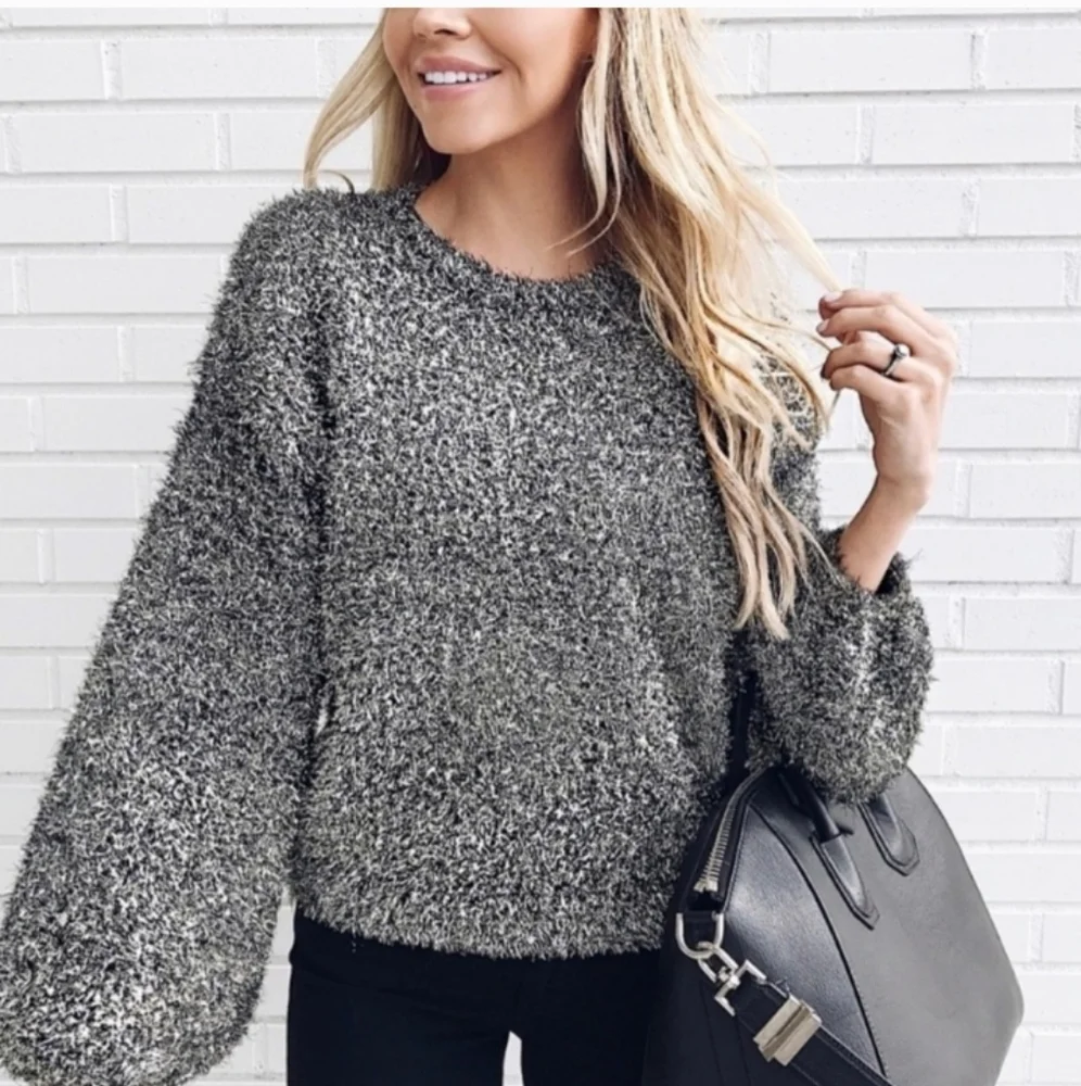 Anthropologie Leith Sweater Silver Black Metallic Tinsel Oversized XS